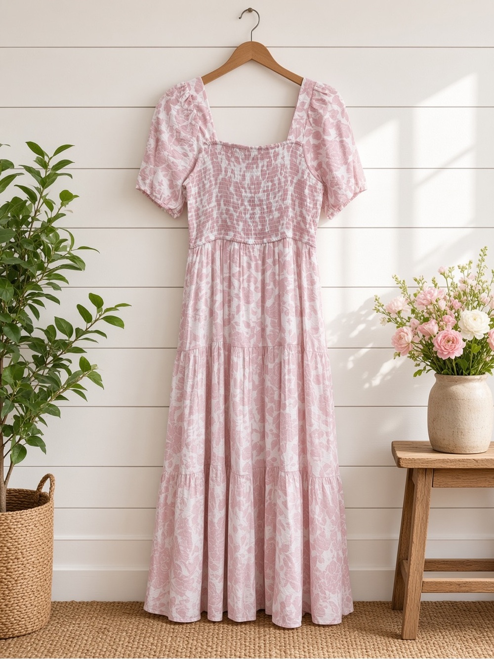 Soft Pink Floral Smocked Midi Dress Puff Sleeves Last One Size Medium